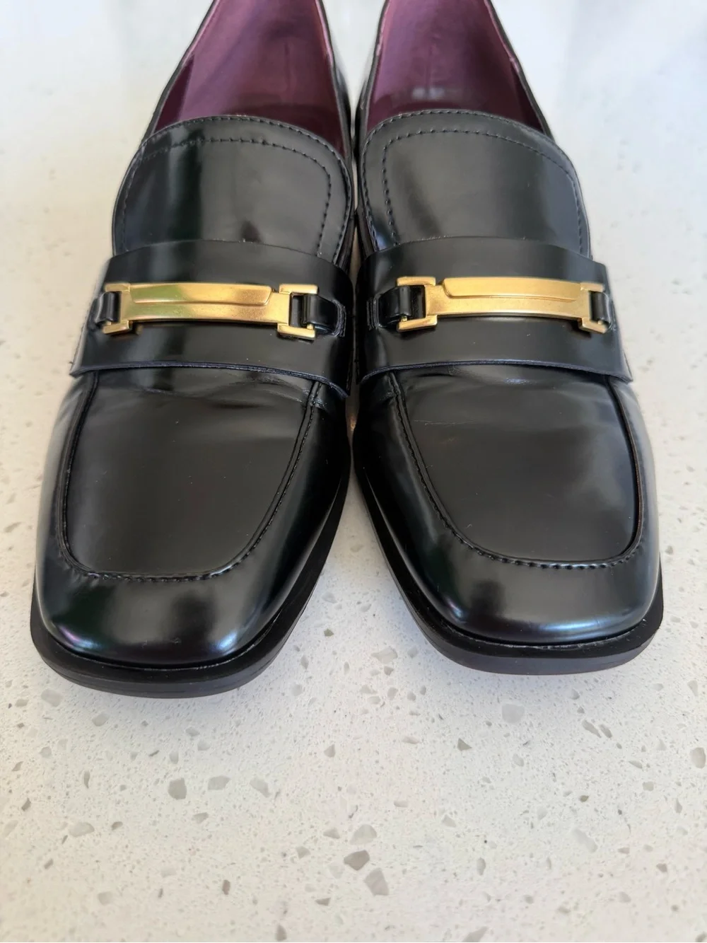 Franco Sarto Black Leather Loafers with Gold Hardware